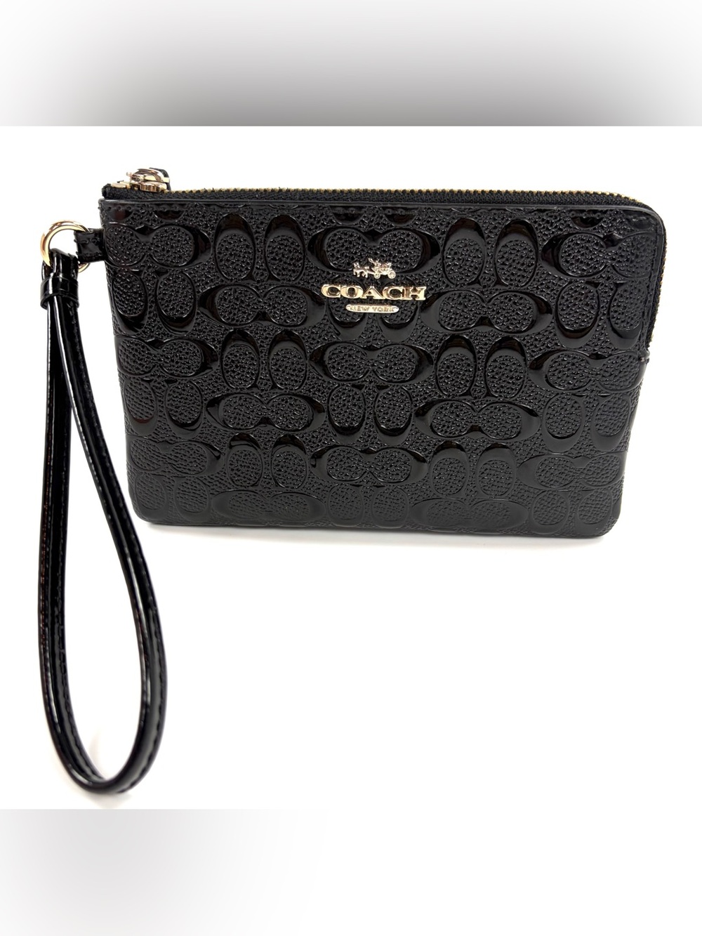 Coach F55206 Black Signature Debossed Patent Leather Corner Zip Wristlet